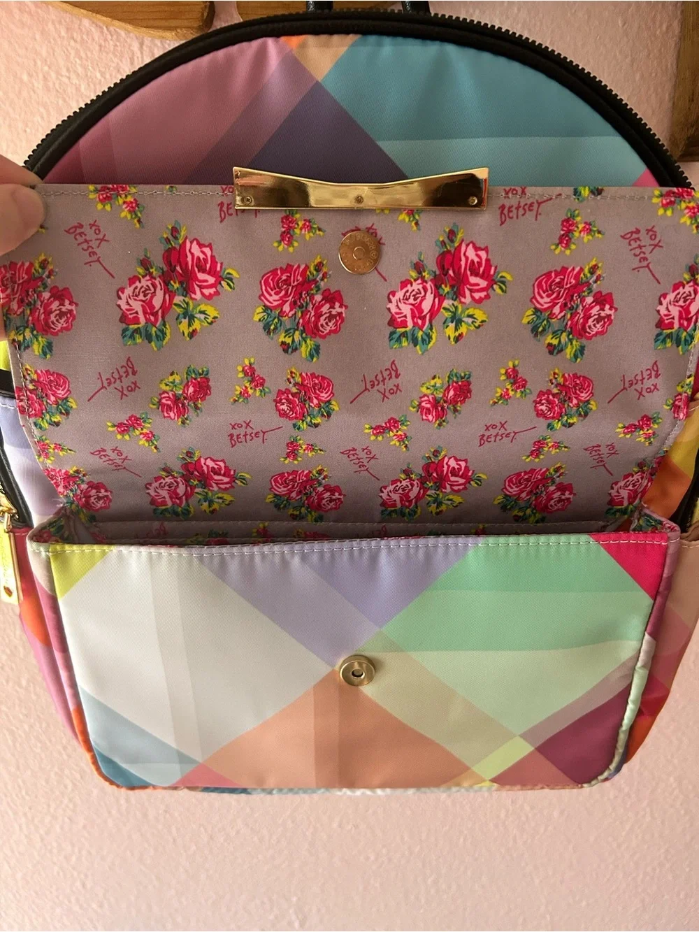 Multicolor Geometric Betsey Johnson Backpack with Gold Bow Accent NWT